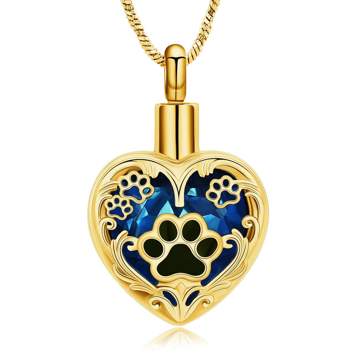 Heart Paw Print Cremation Necklace – Gold blue