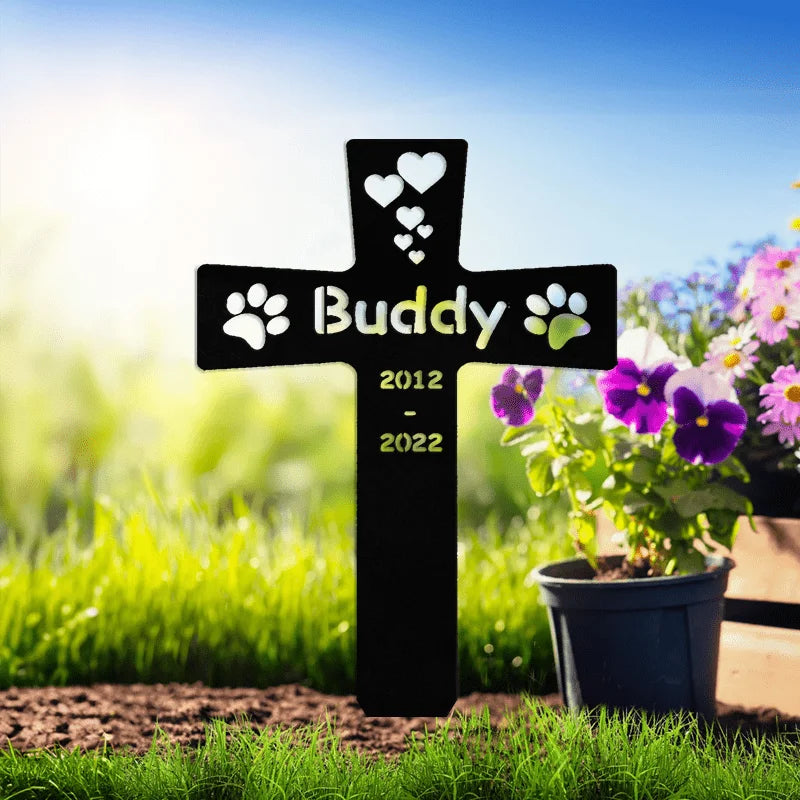 Laser-engraved metal pet memorial sign