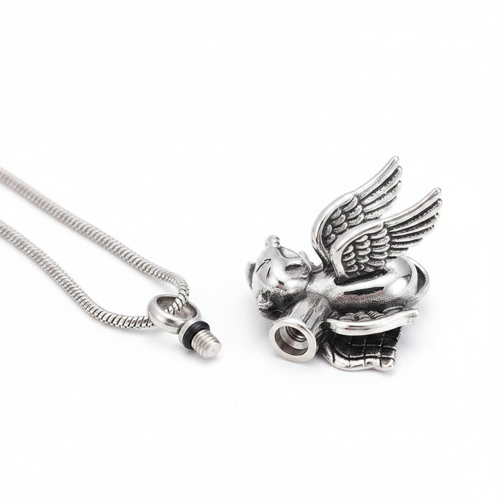 Silver necklace with a unique pendant on a dark surface