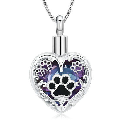 Heart paw print cremation pendant necklace for pet ashes