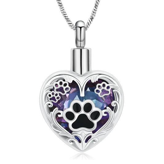 Heart paw print cremation pendant necklace for pet ashes