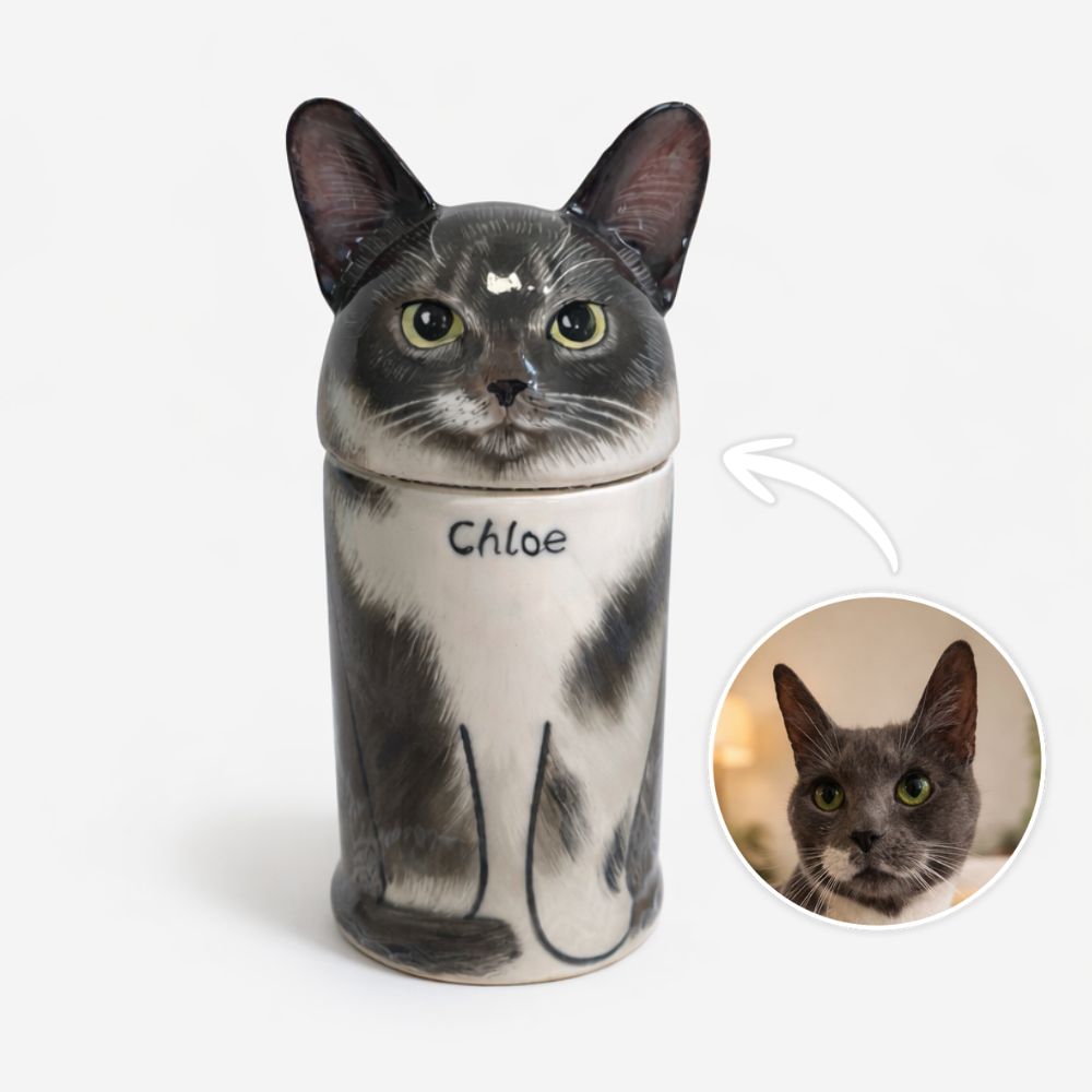 Handmade ceramic cat urn for ashes