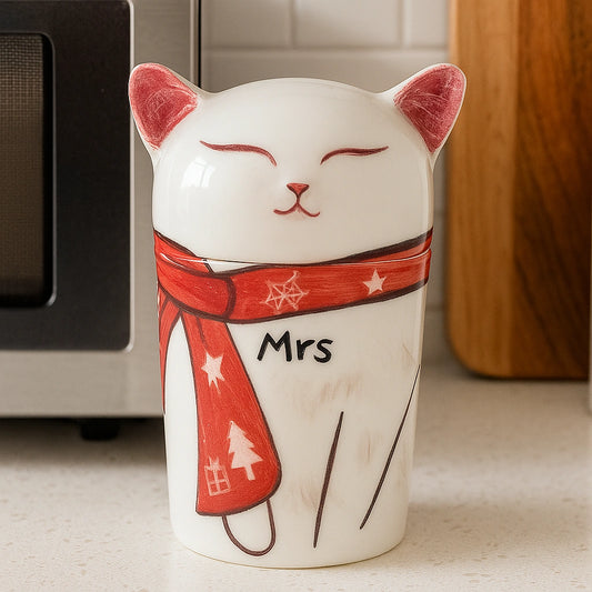 Decorative ceramic cat urn with scarf and floral wreath