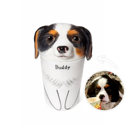 Custom ceramic dog urn with engraved name and photo