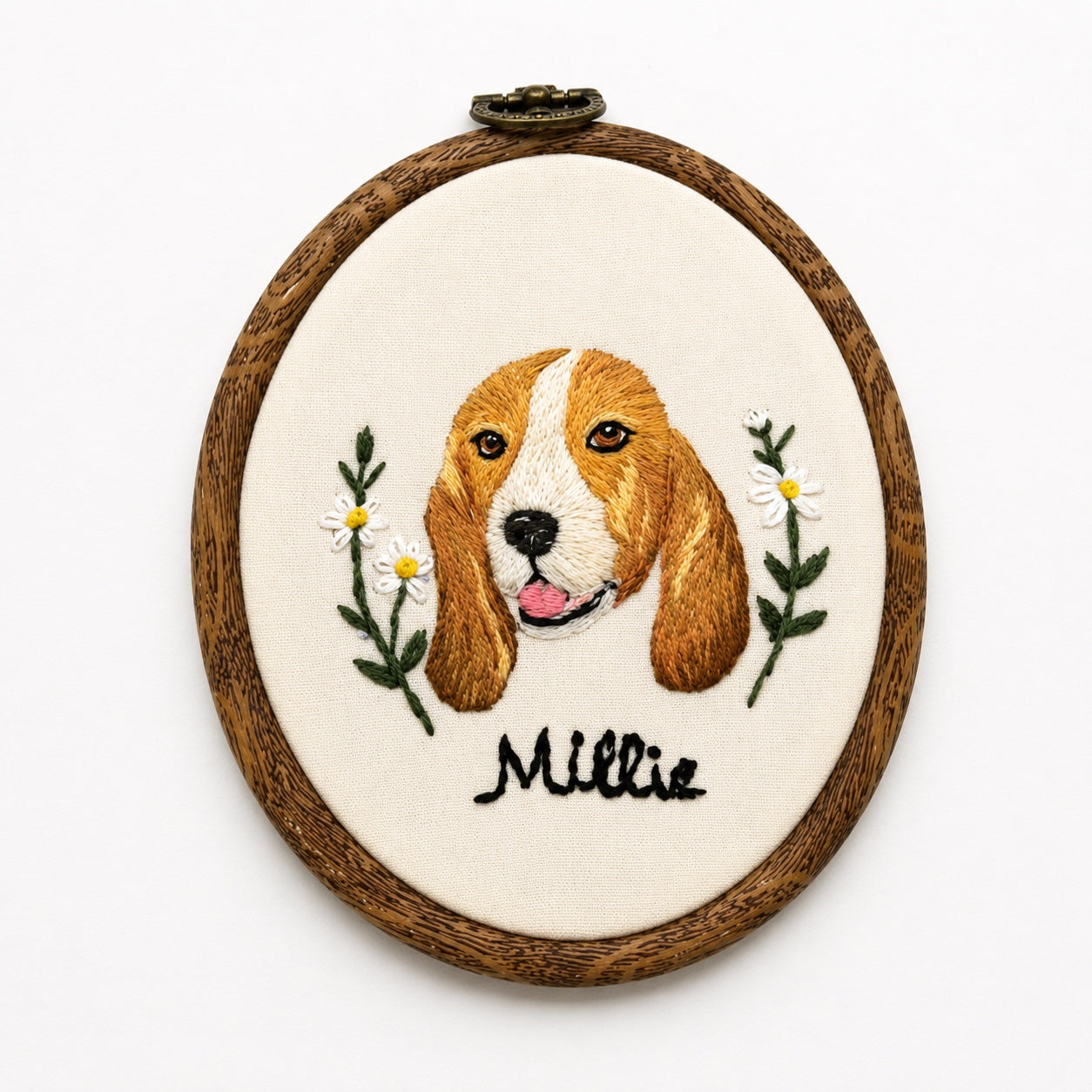 Custom pet portrait embroidery hoop wall art